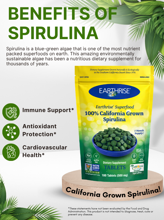 Earthrise 100% California Grown Spirulina Powder highlighting key nutritional benefits and wellness support.