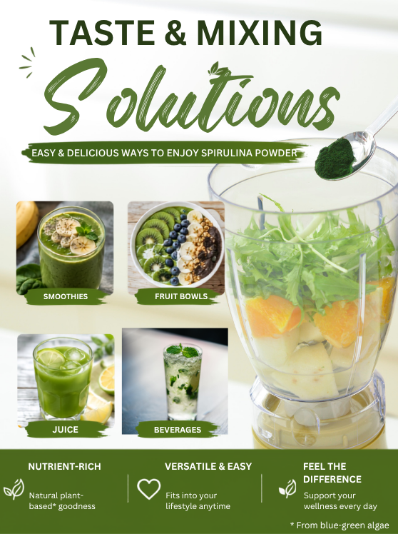 Earthrise California Grown Spirulina Powder with smoothie, juice, fruit bowl, and beverage recipe ideas.