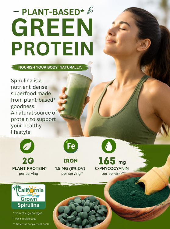 Earthrise California Grown Spirulina highlighting plant-based protein, iron, and C-phycocyanin for daily nutrition.