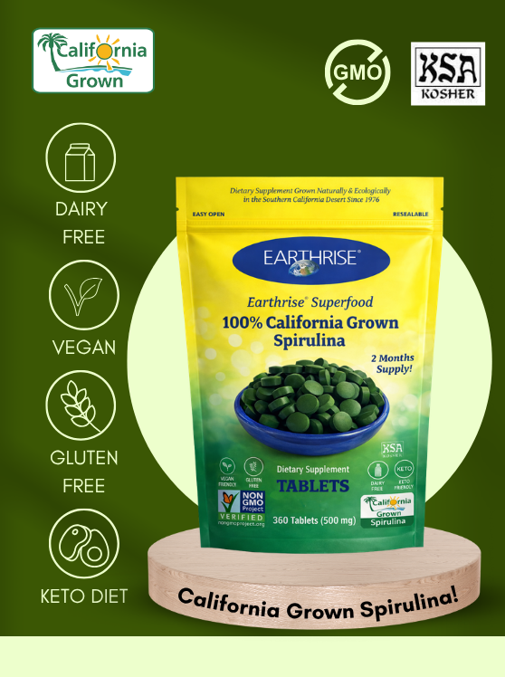 Earthrise 100% California Grown Spirulina Powder with vegan, gluten-free, dairy-free, and keto-friendly attributes.