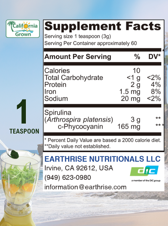 Earthrise California Grown Spirulina Powder supplement facts panel with serving size and nutritional information.