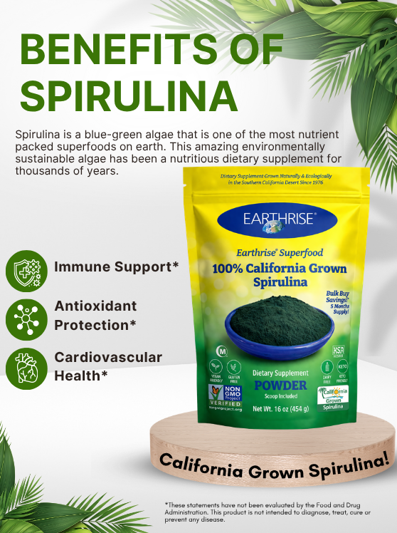 Earthrise 100% California Grown Spirulina Powder highlighting key nutritional benefits and wellness support.