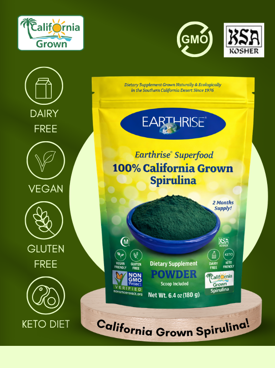 Earthrise 100% California Grown Spirulina Powder with vegan, gluten-free, dairy-free, and keto-friendly attributes.