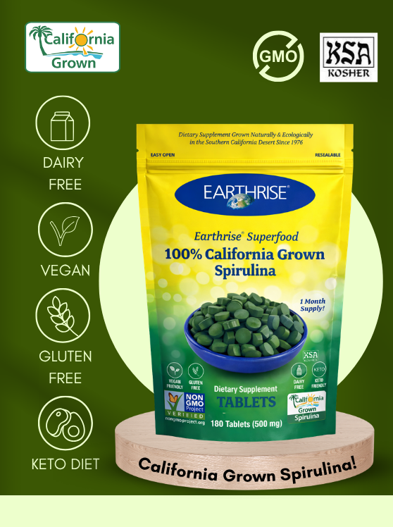 Earthrise 100% California Grown Spirulina Powder with vegan, gluten-free, dairy-free, and keto-friendly attributes.
