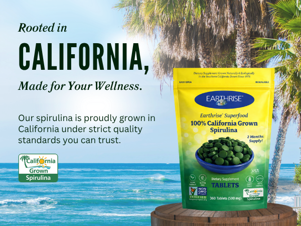 Earthrise 100% California Grown Spirulina highlighting California-grown quality and trusted sourcing.