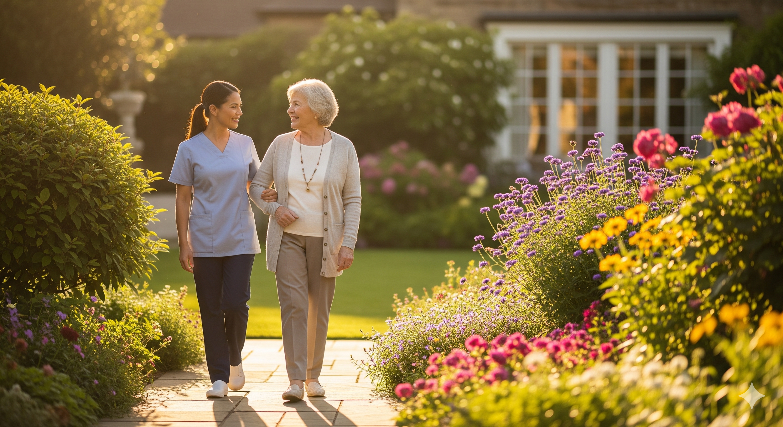 A young woman in medical scrubs and an elderly woman walk arm in arm along a garden path lined with colorful flowers, enjoying the warm sunlight in a peaceful, well-maintained garden with a house in the background.