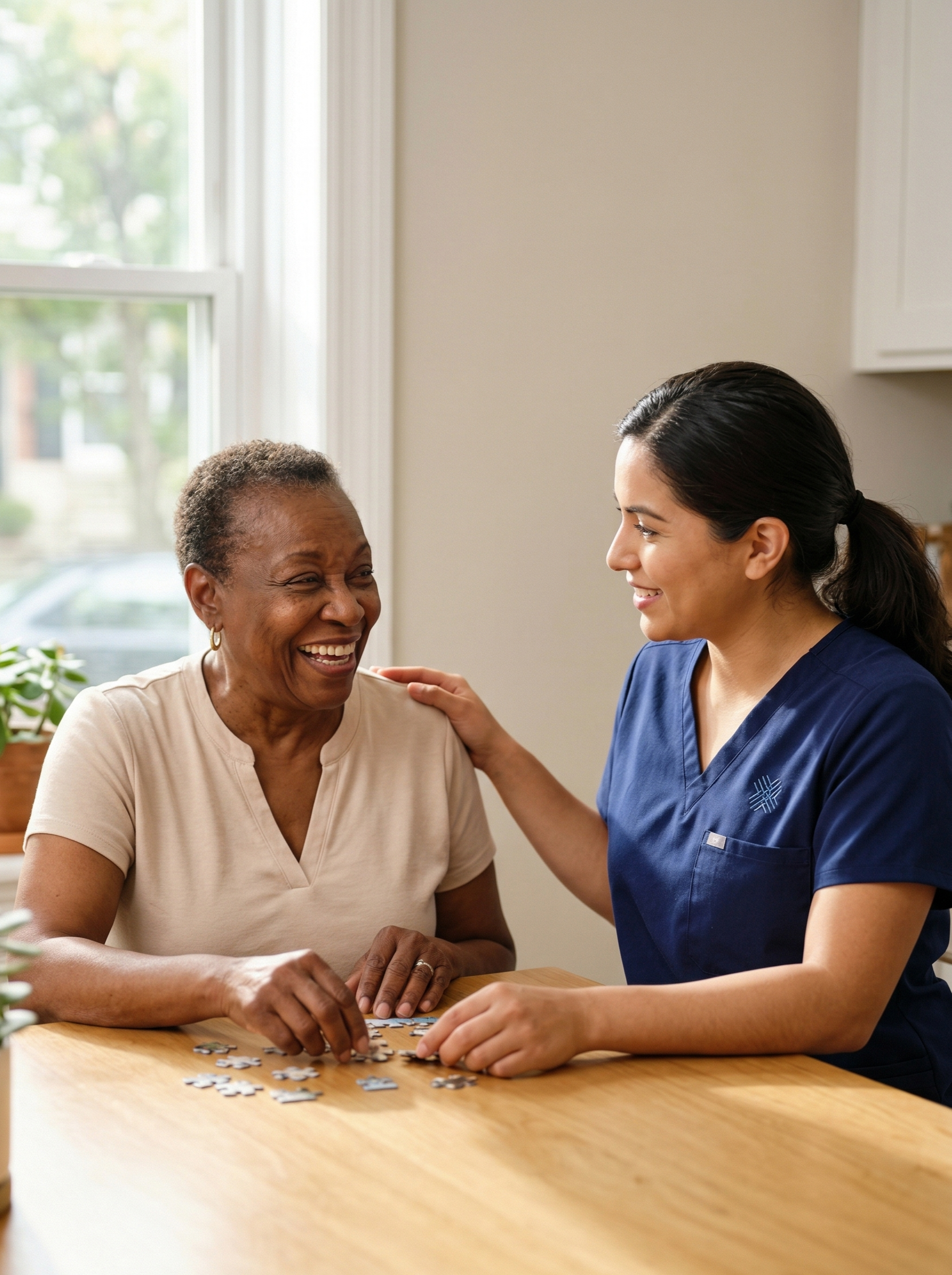 A healthcare worker in blue scrubs helping an elderly woman with a puzzle at a wooden table in a bright room.