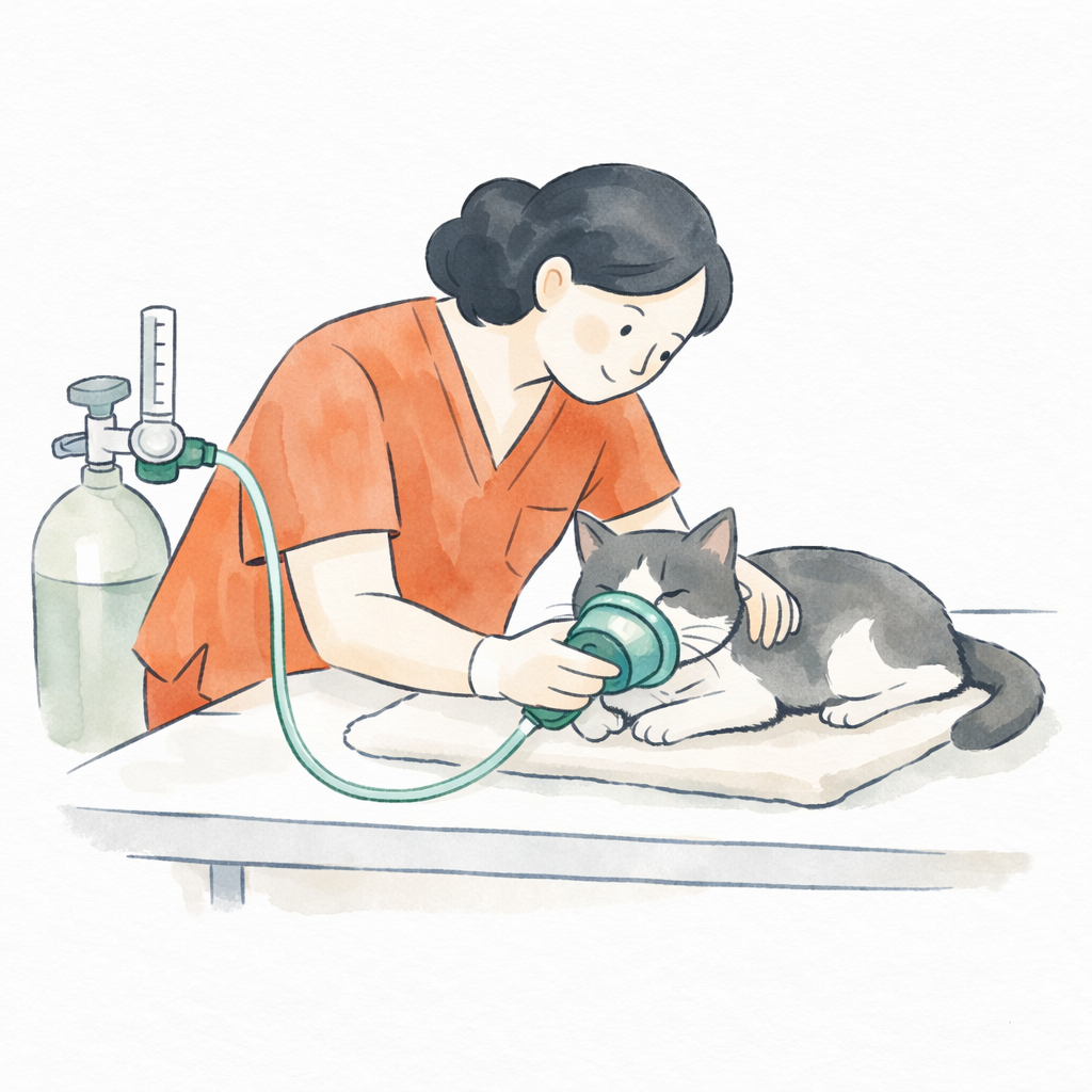 Vétérinaire utilisant un appareil respiratoire pour un chat noir et blanc lors d'une consultation.