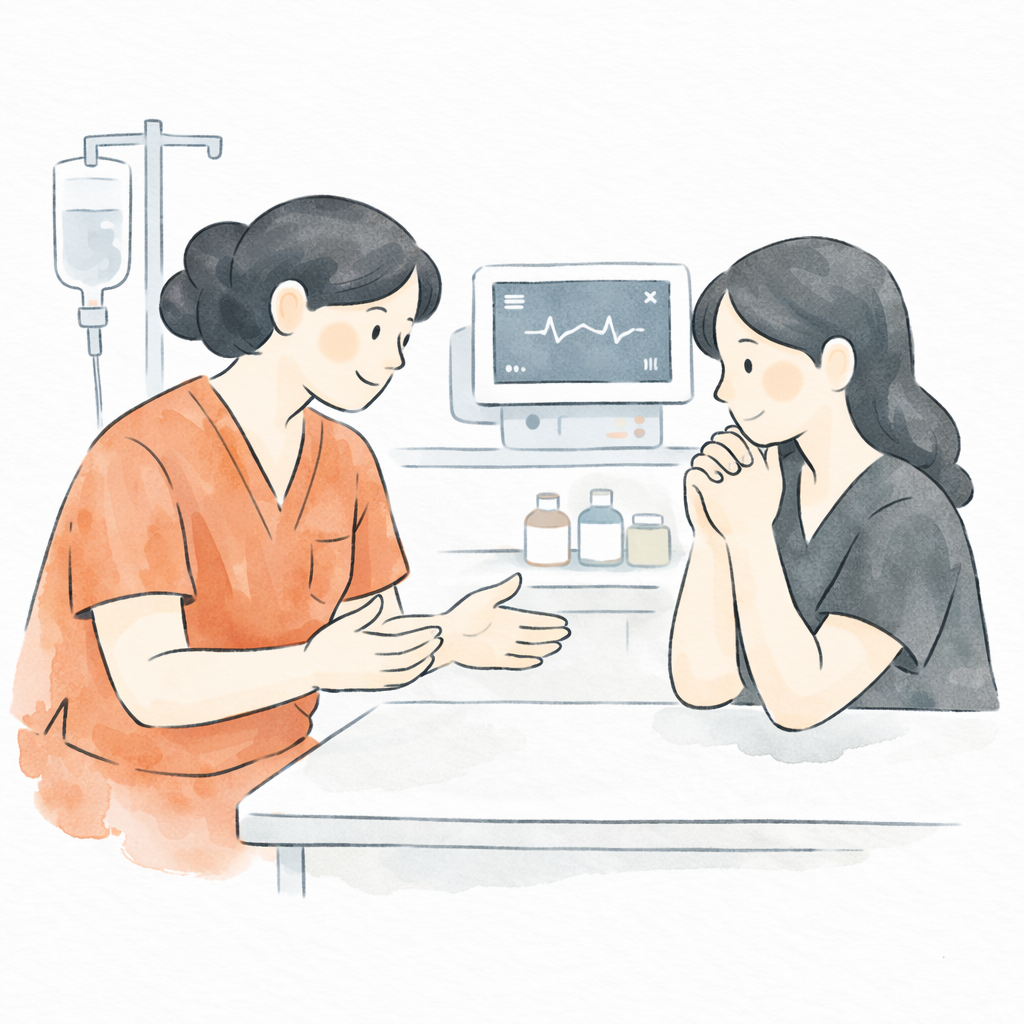 Une infirmière explique quelque chose à une patiente dans une salle d'hôpital.