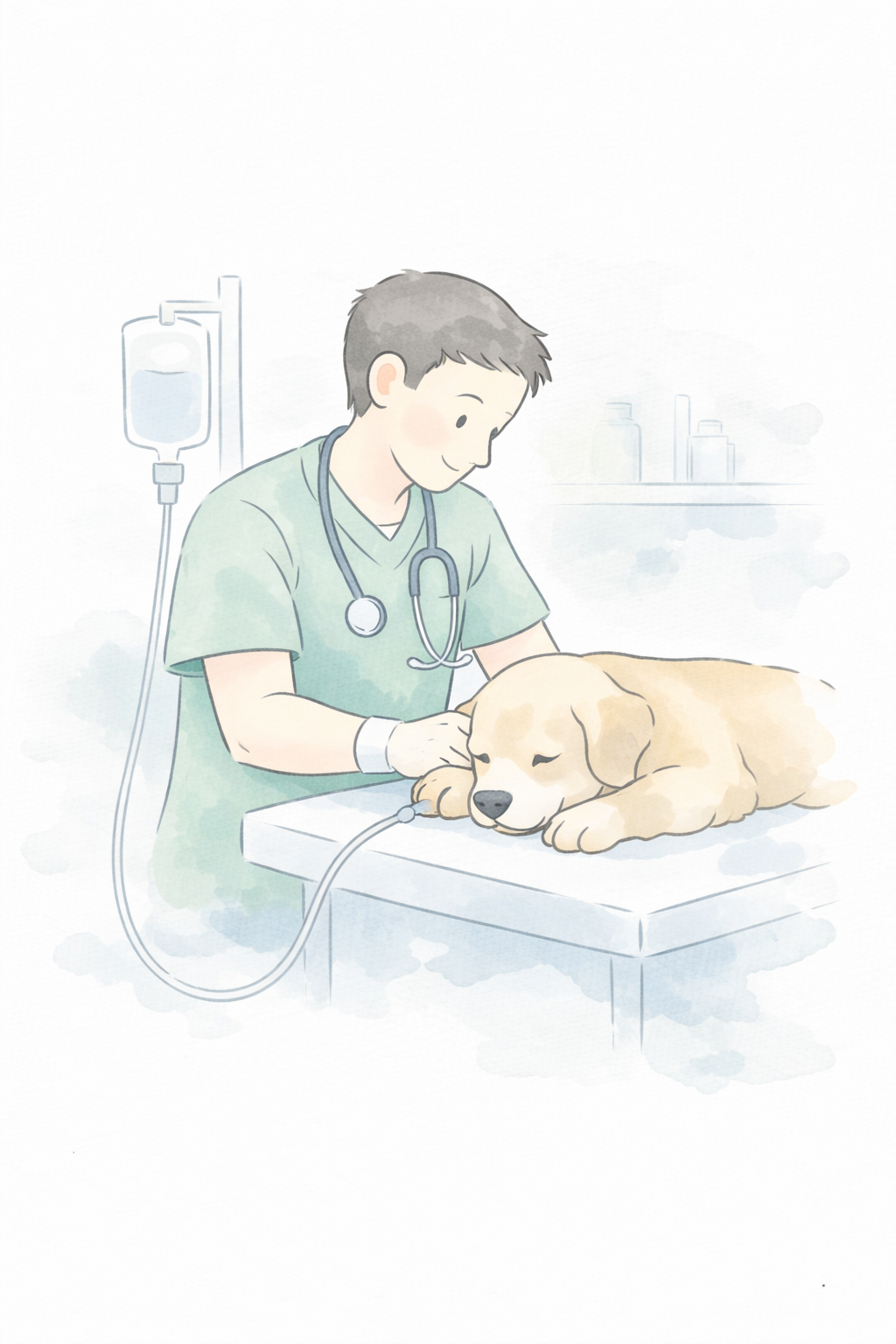 Vétérinaire examinant un chien couché sur la table d'examen, dans une clinique vétérinaire.