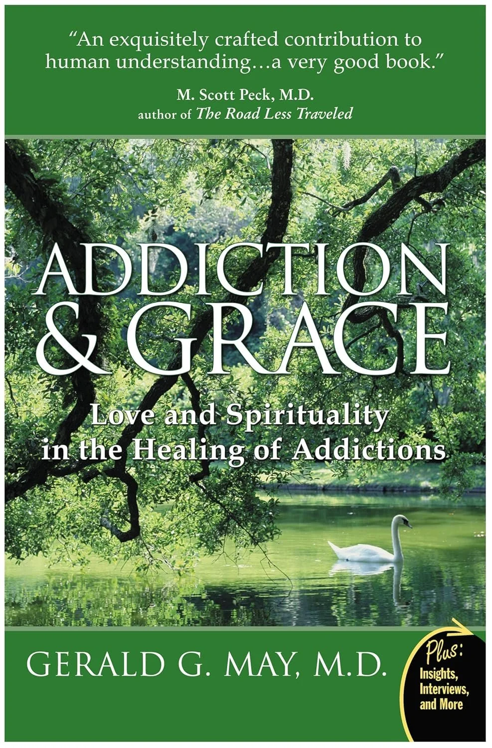 Front cover of a book titled 'Addiction & Grace: Love and Spirituality in the Healing of Addictions' by Gerald G. May, M.D. The cover features a serene nature scene with a white swan swimming on a calm lake under the branches of a leafy green tree.