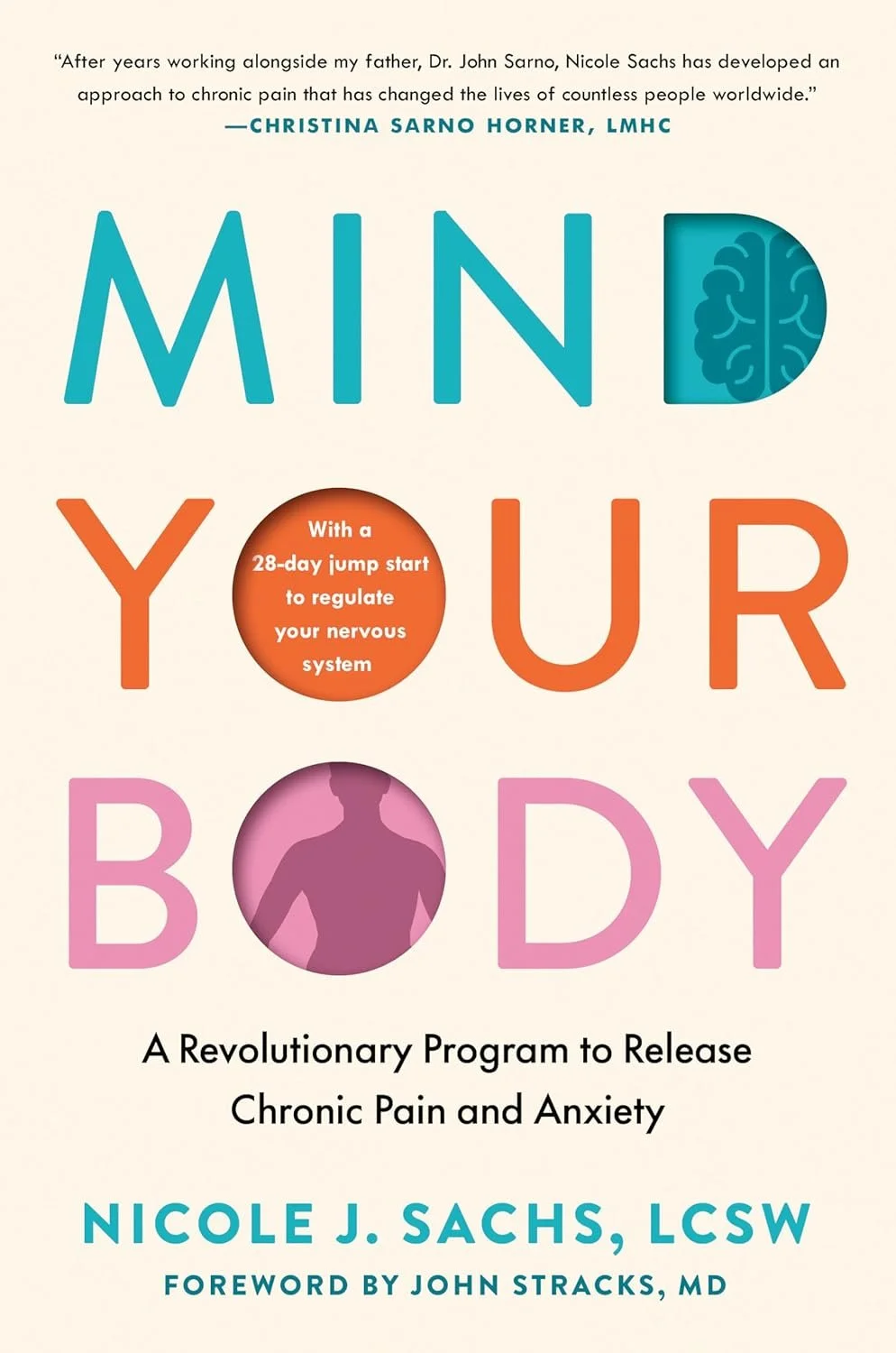 Cover of the book "Mind Your Body" by Nicole J. Sachs, LCSW, featuring colorful text and illustrations of a brain, human silhouette, and text highlighting a 28-day jump start program for chronic pain and anxiety relief.