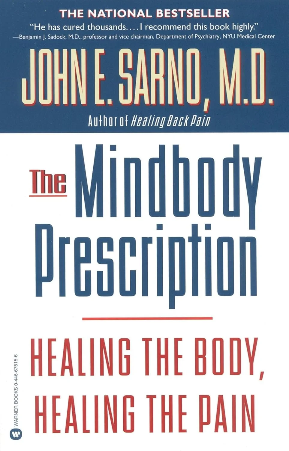 Book cover titled "The Mindbody Prescription" by John E. Sarno, M.D., with the subtitle "Healing the Body, Healing the Pain" and quotes about the author.