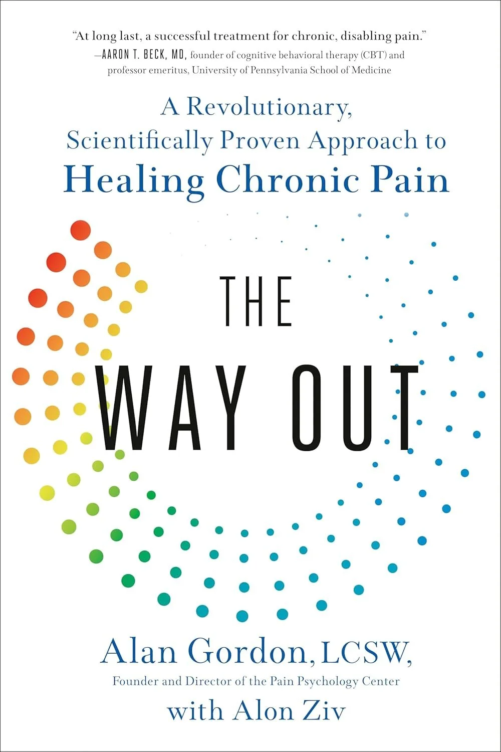 The book cover titled "The Way Out" by Alan Gordon with Alon Ziv, featuring a white background with a colorful dotted circular pattern and blue and black text.