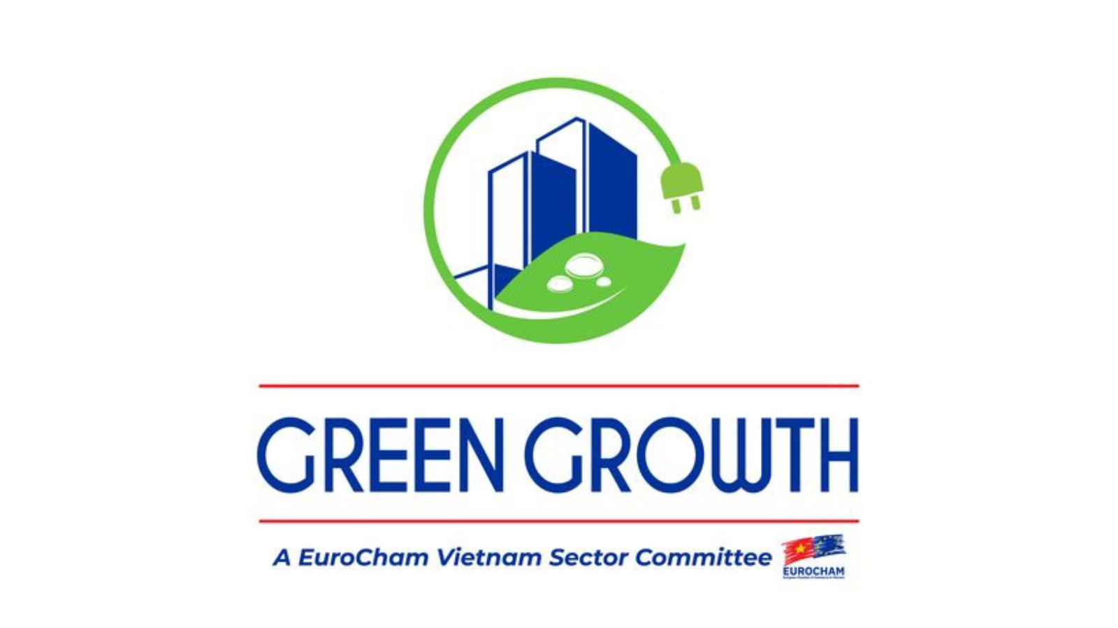 Logo for Green Growth, part of EuroCham Vietnam Sector Committee, featuring green and blue buildings with an electric plug, and a green leaf.