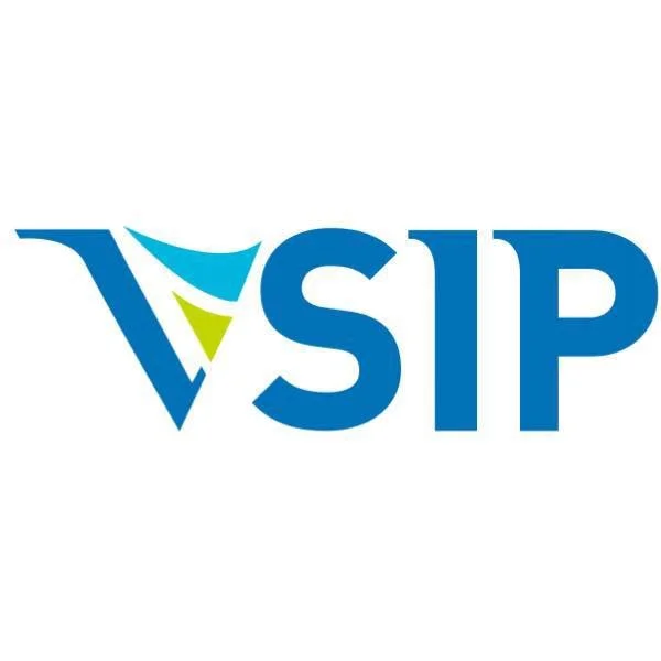 Logo của VSP với các yếu tố thiết kế cách điệu màu xanh dương và xanh lá cây.