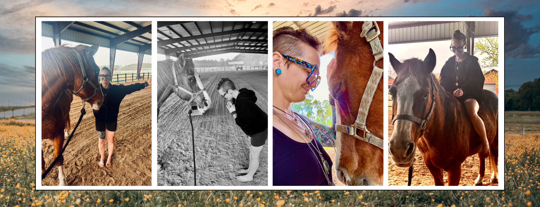 A collage of four photos featuring a woman and a horse at a stable. The first photo shows her standing barefoot with an arm outstretched towards a horse in a covered arena. The second photo, in black and white, shows her with her hands pressed against her face while a horse rests its head on her shoulder in a riding arena. The third photo depicts her close to a horse, touching noses outside, wearing sunglasses and colorful jewelry. The fourth photo shows her riding a horse in an outdoor field during sunset.