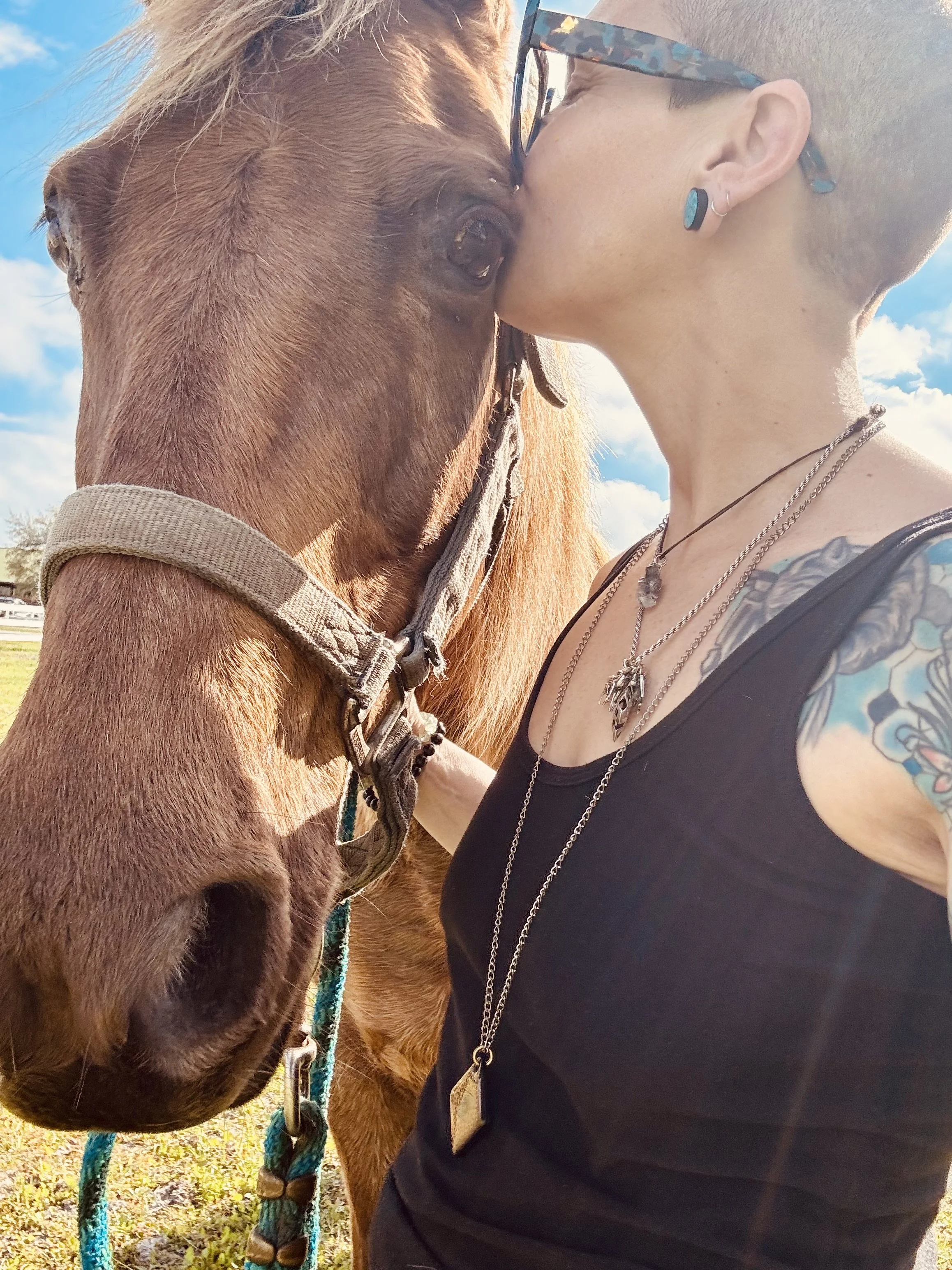 A person kissing a horse on the forehead outdoors during the day, with a blue sky and clouds in the background.