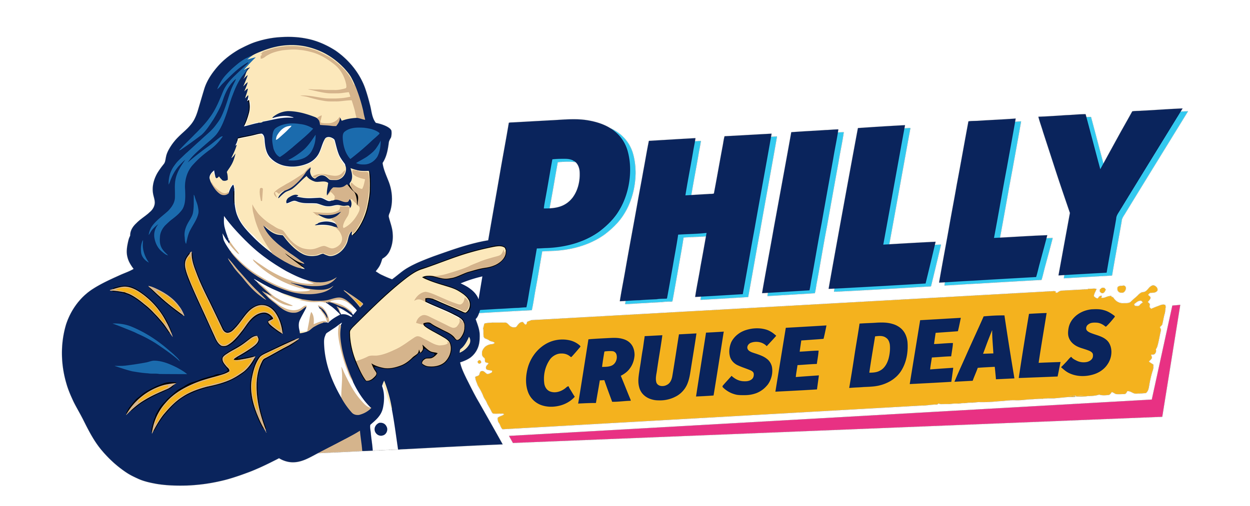 Illustration of a man with long hair, sunglasses, and a navy blue suit pointing at bold text that reads "Philly Cruise Deals" in blue and yellow colors.