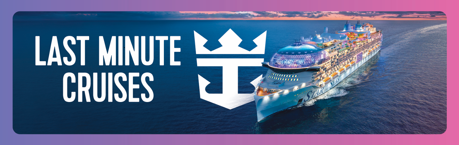 A cruise ship sailing at sunset with the text "Last Minute Cruises" and an anchor logo.