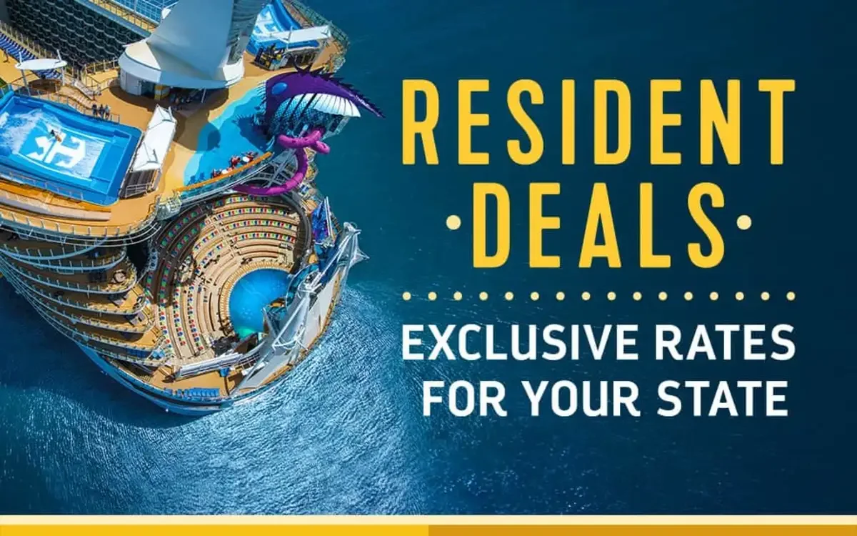 A cruise ship with various pools and water attractions, including a waterslide and a large whirlpool, on a body of water. Overlaid text reads 'Resident Deals. Exclusive rates for your state'.