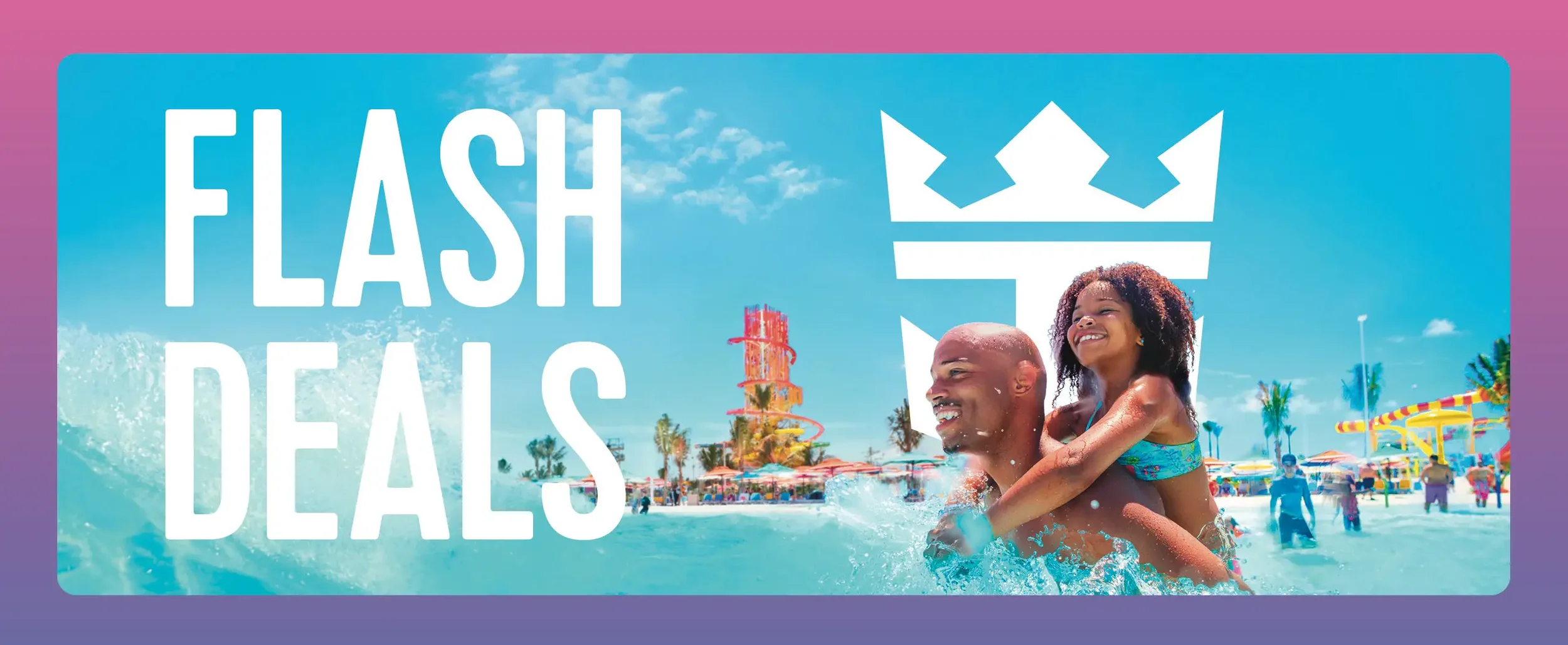 A promotional image of a water park with a man and a girl playing in the water, with a water slide and umbrellas in the background, and the text "Flash Deals" in large white letters.