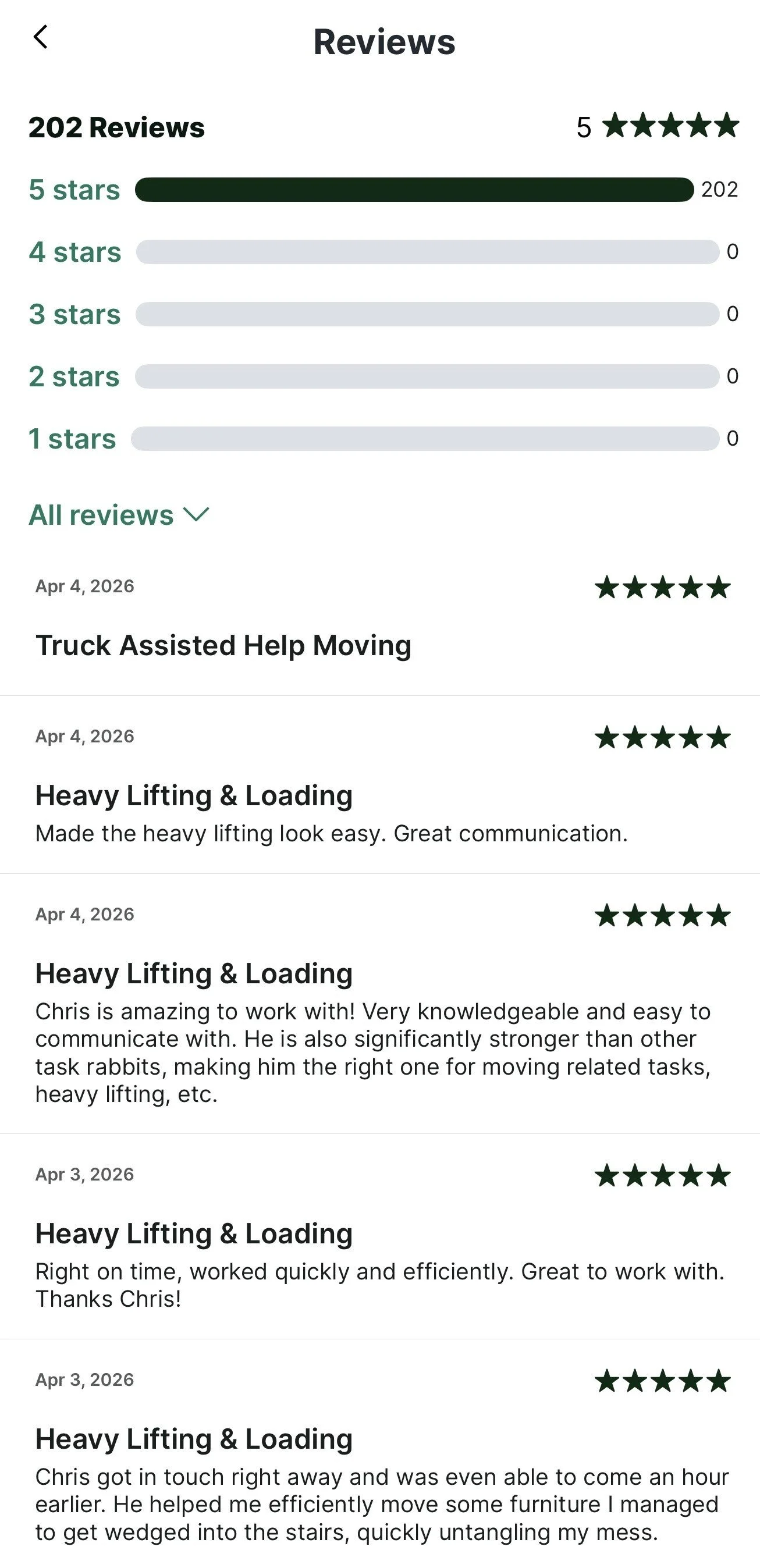 Screenshot of online reviews for a moving service, showing five 5-star ratings with positive comments.