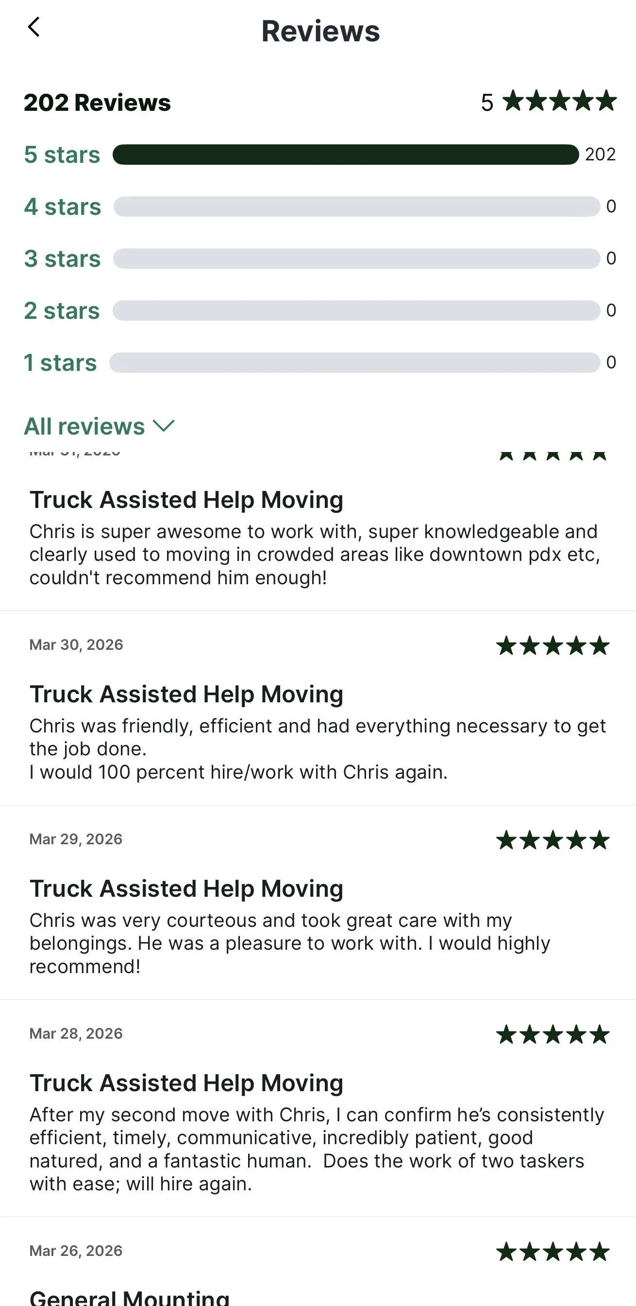 Screenshot of a reviews section showing five five-star reviews for a truck assisted help moving service, with comments praising the helper's professionalism, efficiency, and friendly attitude.