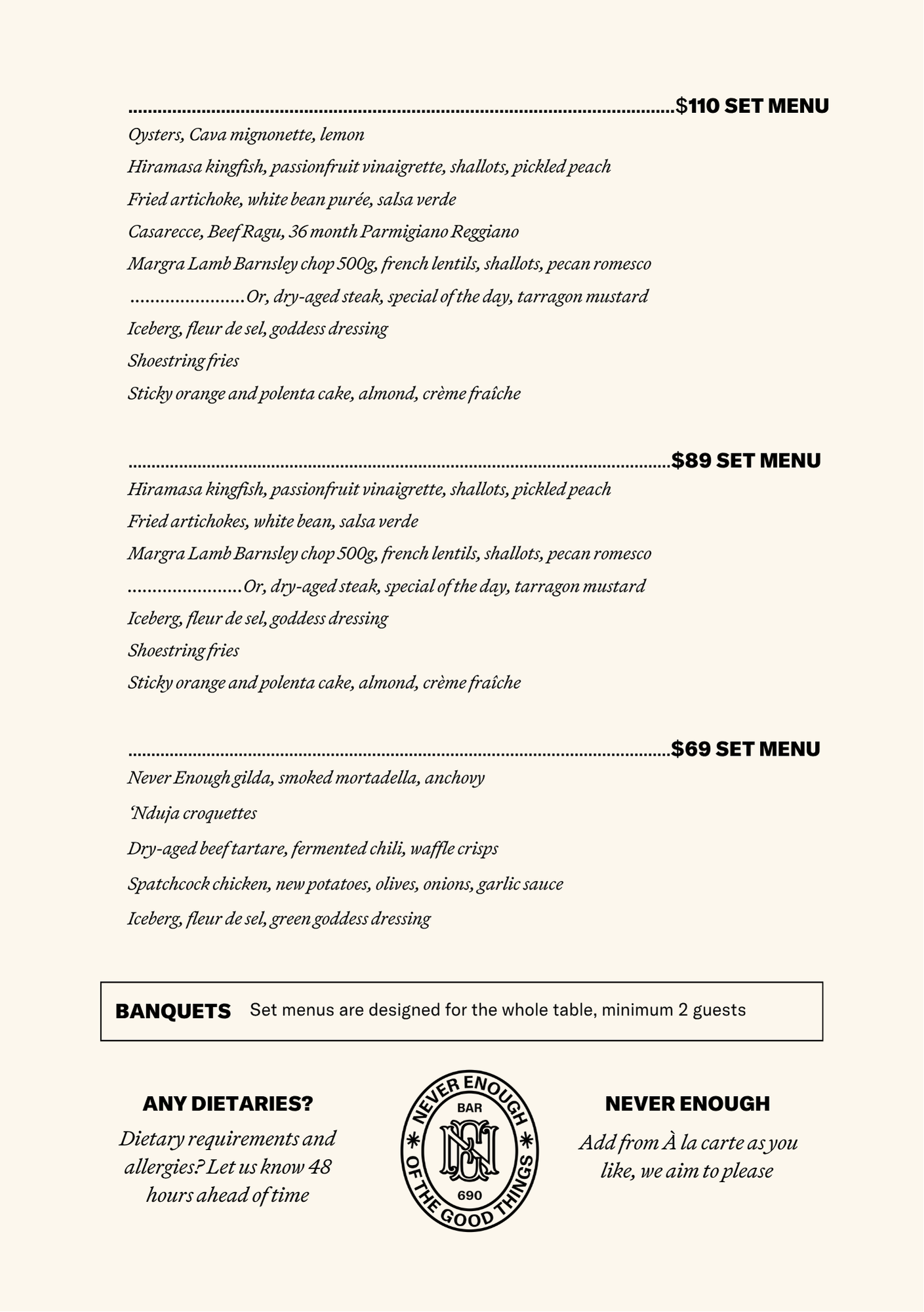Menu — NEVER ENOUGH