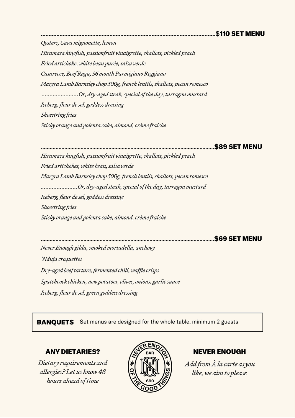 Menu — NEVER ENOUGH