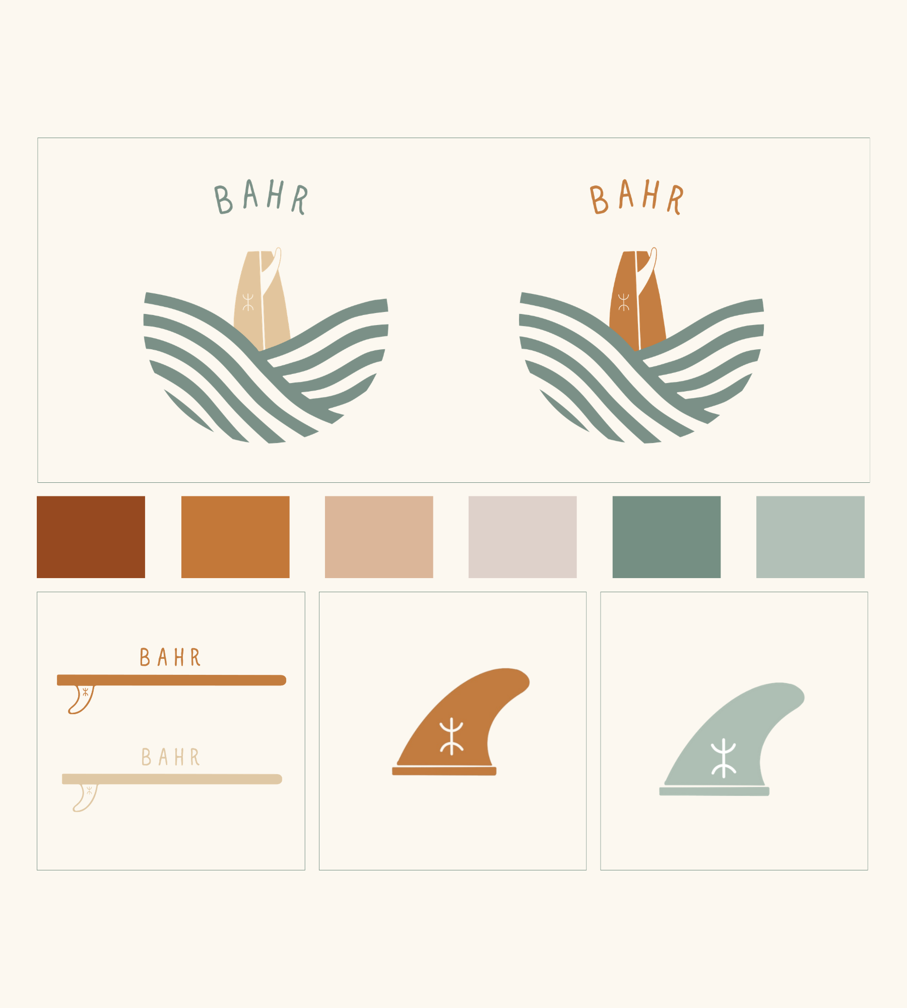 Set di illustraciones stilizzate di cappelli vichinghi in vari colori e design, con la parola 'BAHR' sopra ognuno di essi, su uno sfondo neutro. La palette di colori include beige, marrone e verde oliva.