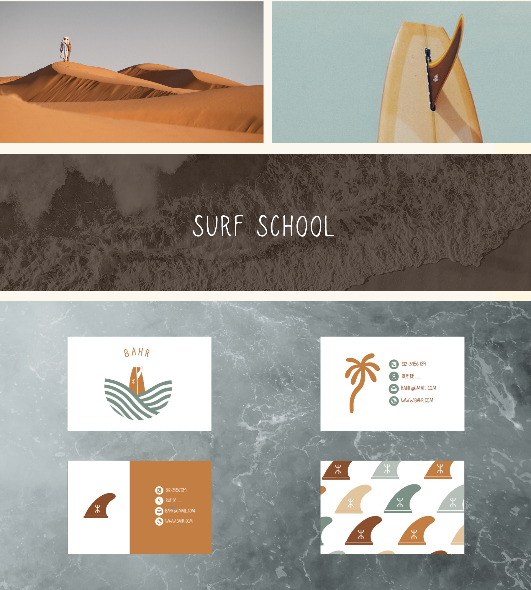 Bannière promozionale per una scuola di surf con immagini di onde e tavole da surf in vari colori e stili. La scritta centrale recita 'Surf School'.