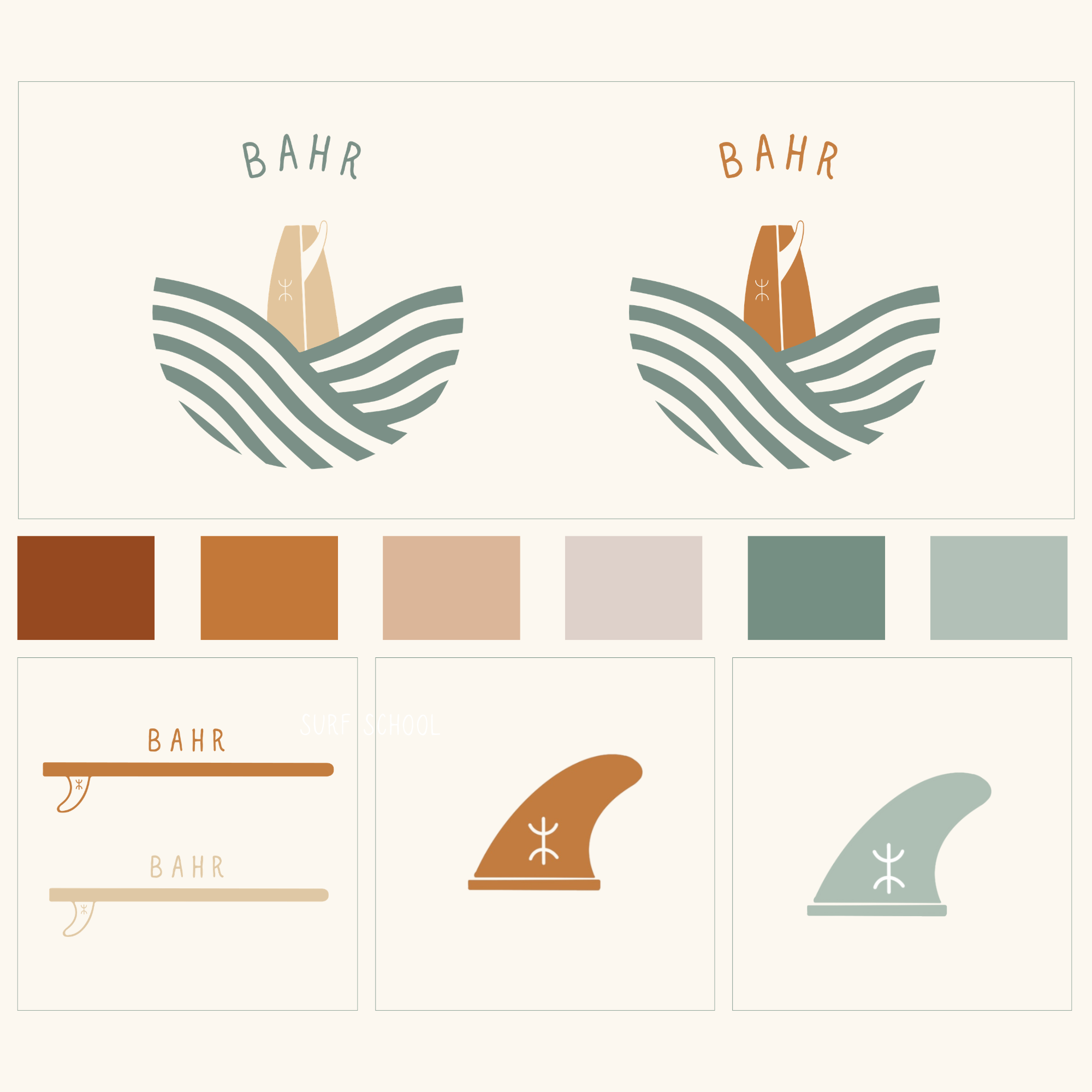 Design con palette di colori neutri e immagini di tavoletta di cioccolato, onde, skateboard, tavola da surf, e un fondale marino con onde e una stella marina.