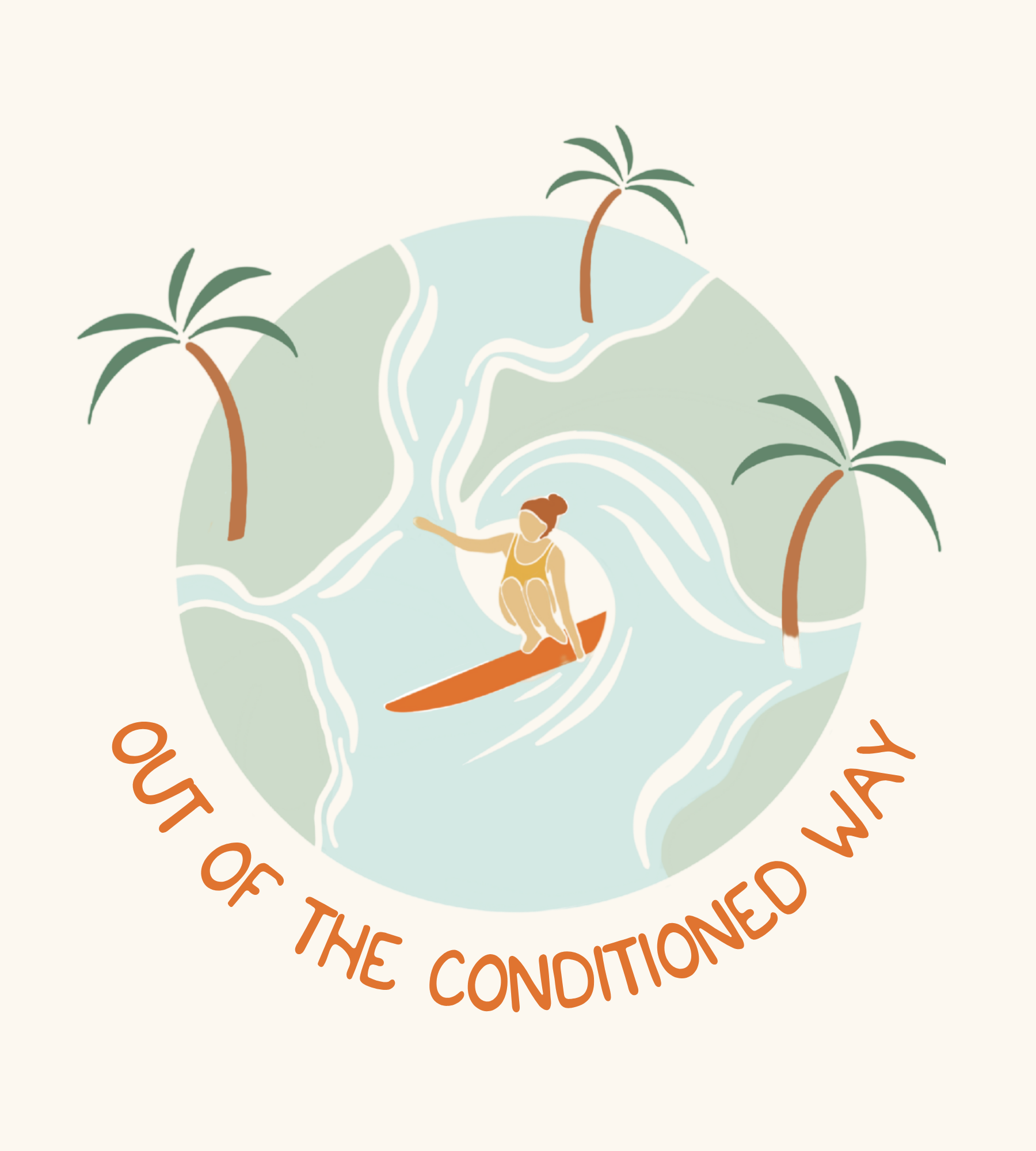 Illustrazione di una donna che fa surf su una tavola in un'onda, circondata da palme in un ambiente tropicale, con testo che dice 'Out of the conditioned'.