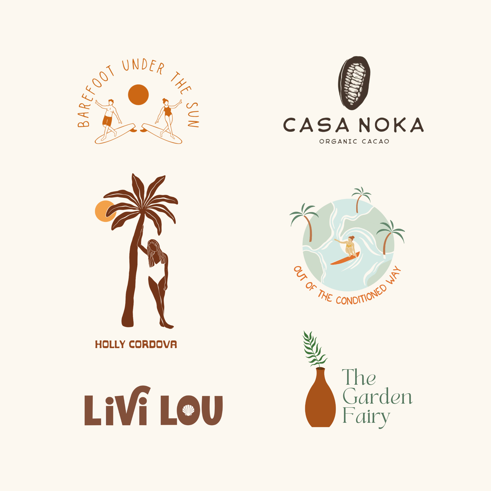 Loghi di un'azienda di cacao organico con immagini di surfisti, una palma, un globo e un'attrice chiamata Holly Cordova, e riferimenti a un festival di Garden Fairy.