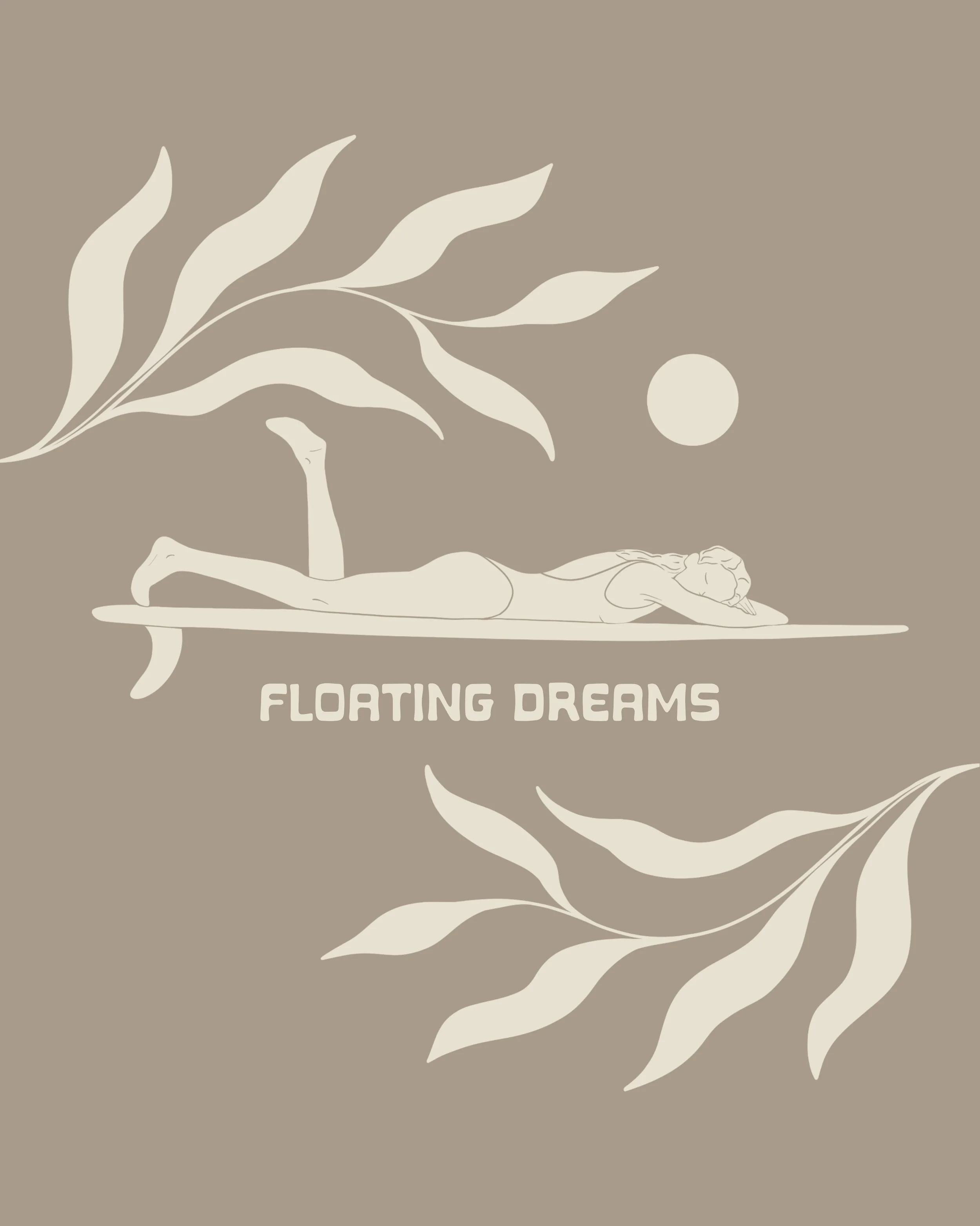 Illustrazione minimale di una figura umana sdraiata con le gambe sollevate, un ramo con foglie e una palla sullo sfondo, con il testo 'Floating Dreams'
