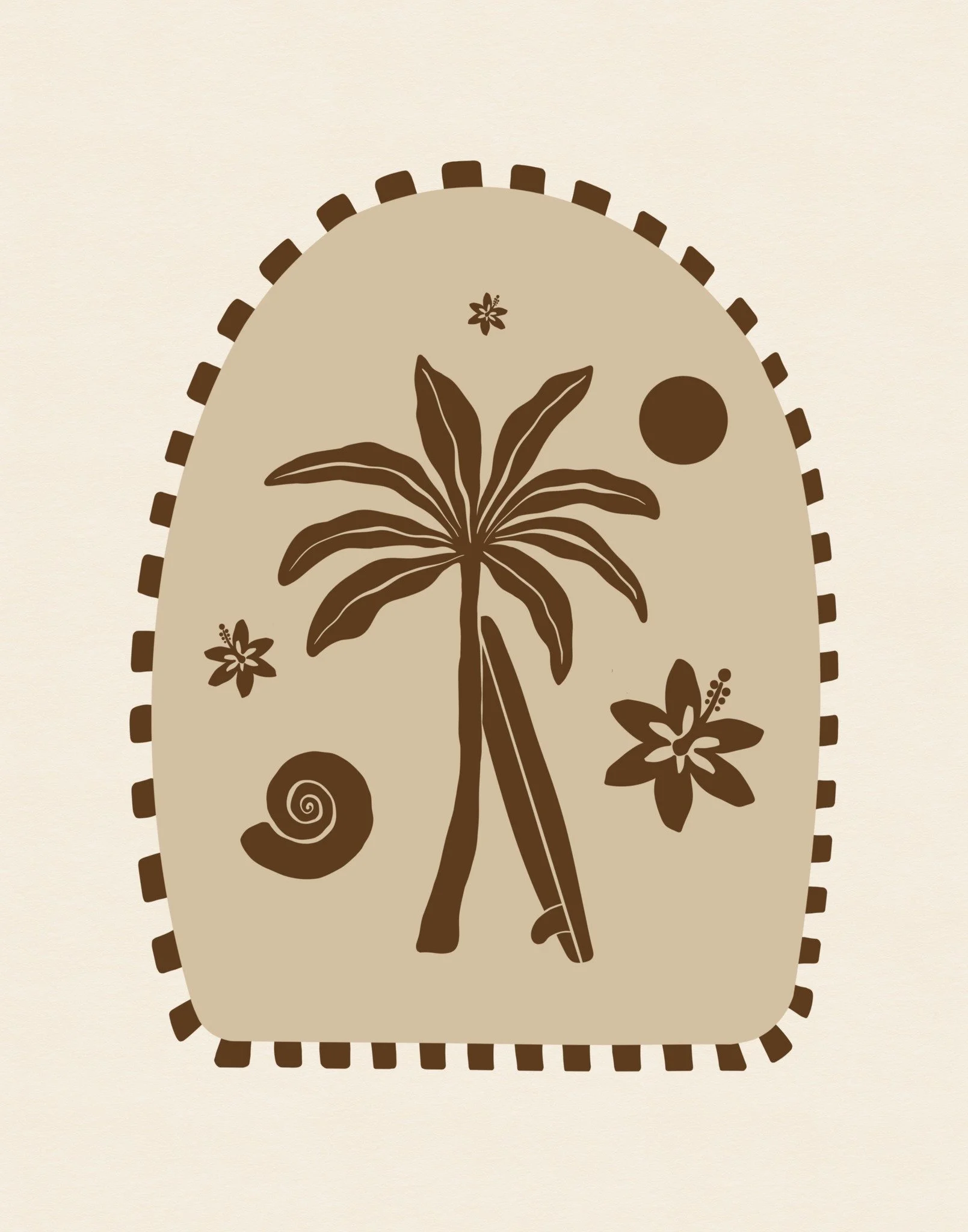 Disegno stilizzato di una grande foglia con fiori, una spirale e un fiore sopra, tutto in tonalità marroni e beige.