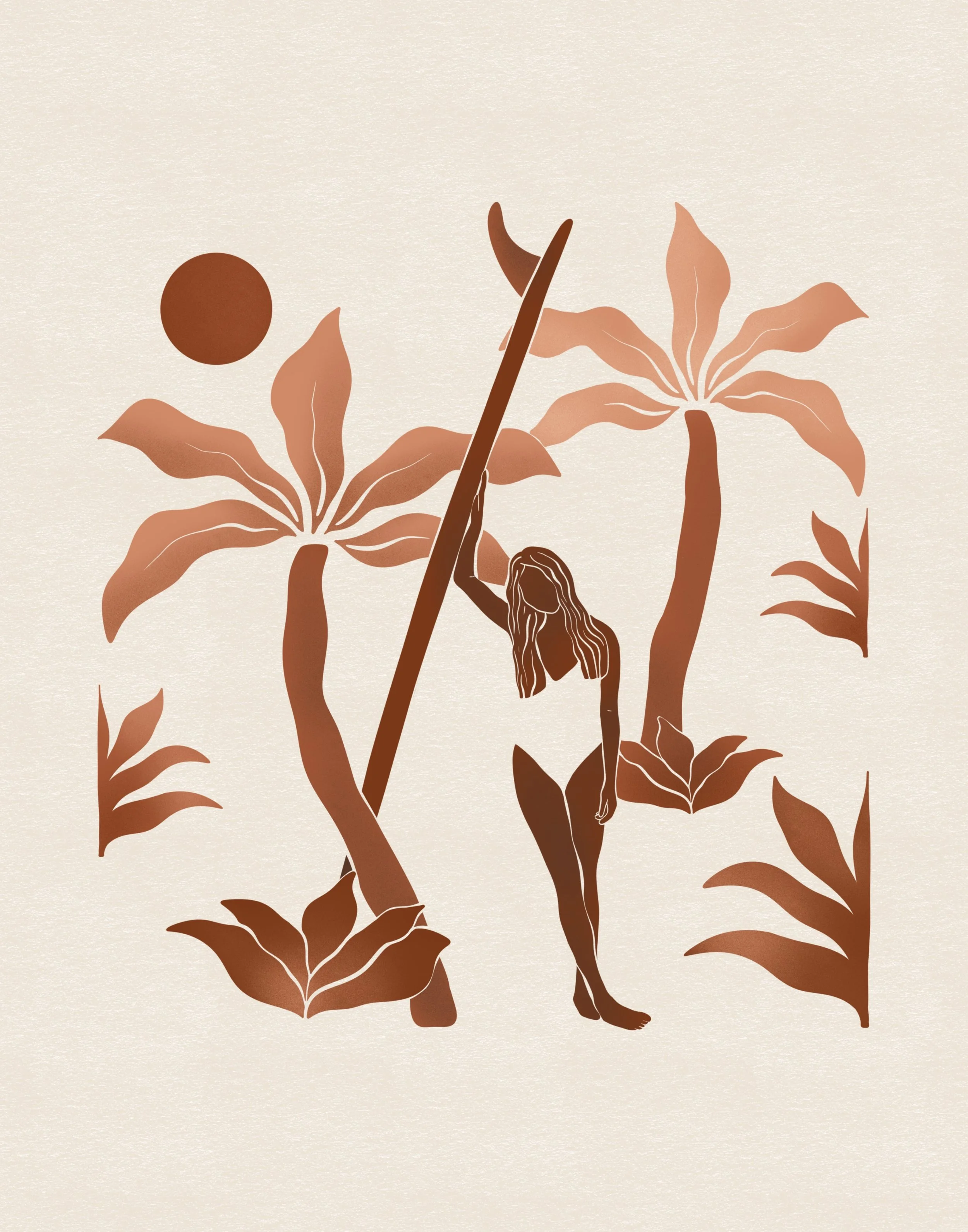 Illustrazione in toni marroni di una figura femminile circondata da grandi foglie e fiori, con elementi stilizzati e linee morbide.