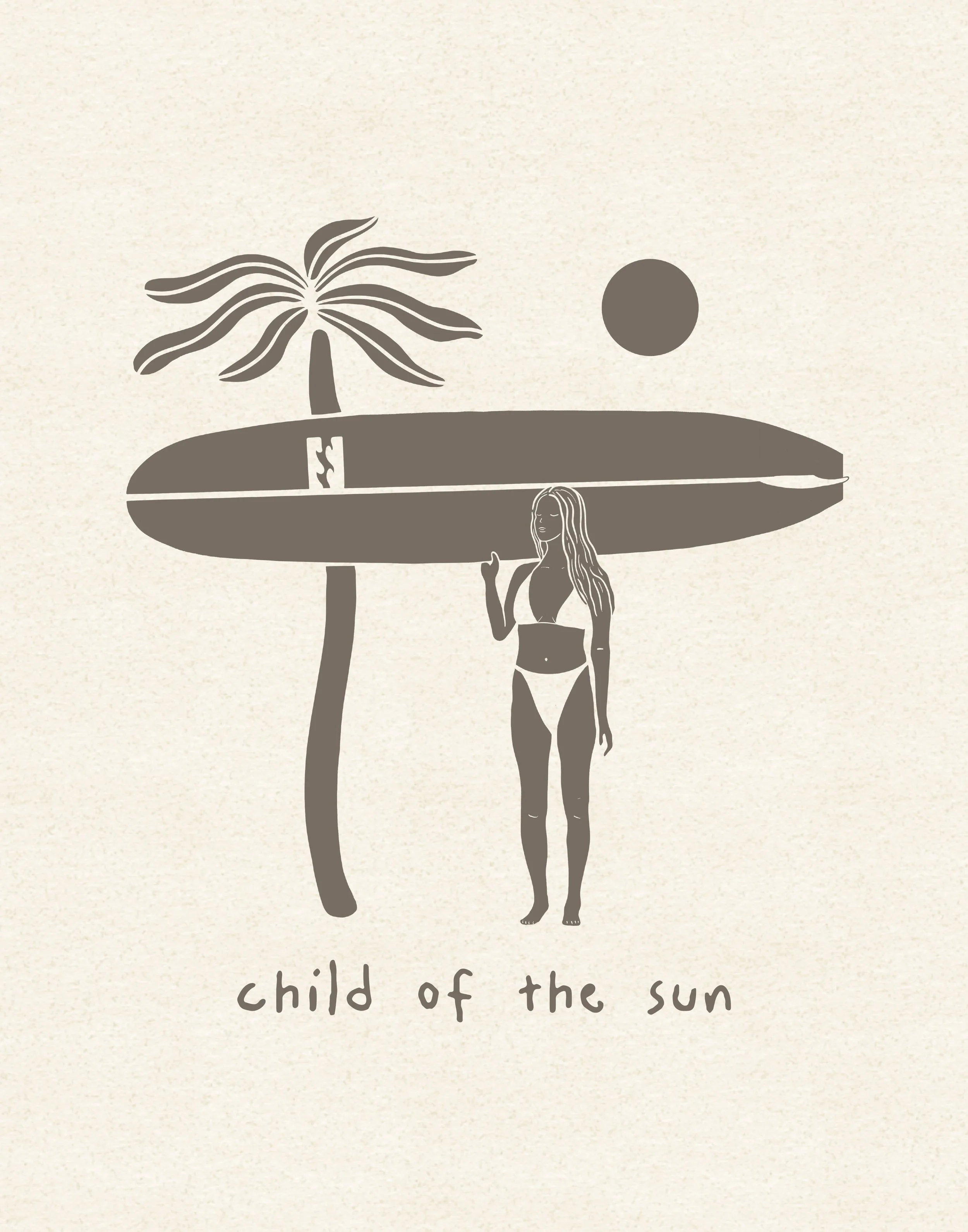 Disegno minimalista di una giovane donna con long hair, che tiene in mano un grande albero stilizzato e si trova sotto un grande sole. Sotto c'è scritto 'figlio del sole'.