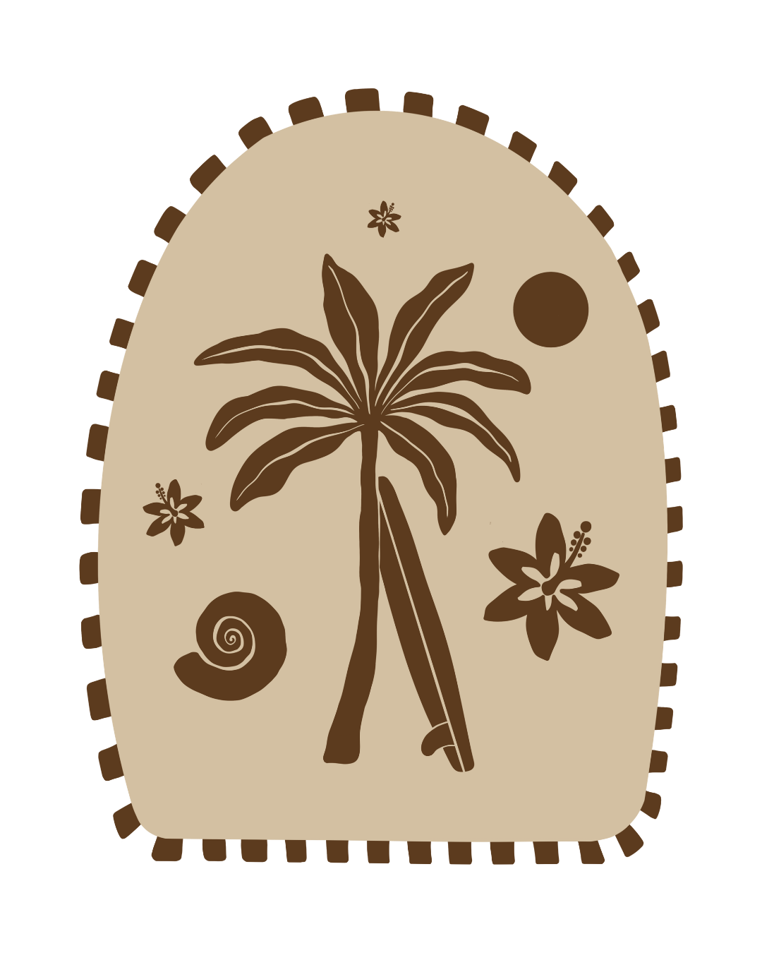 Disegno stilizzato di una palma con fiori, una conchiglia, una sfera e una farfalla in stile tropicale.