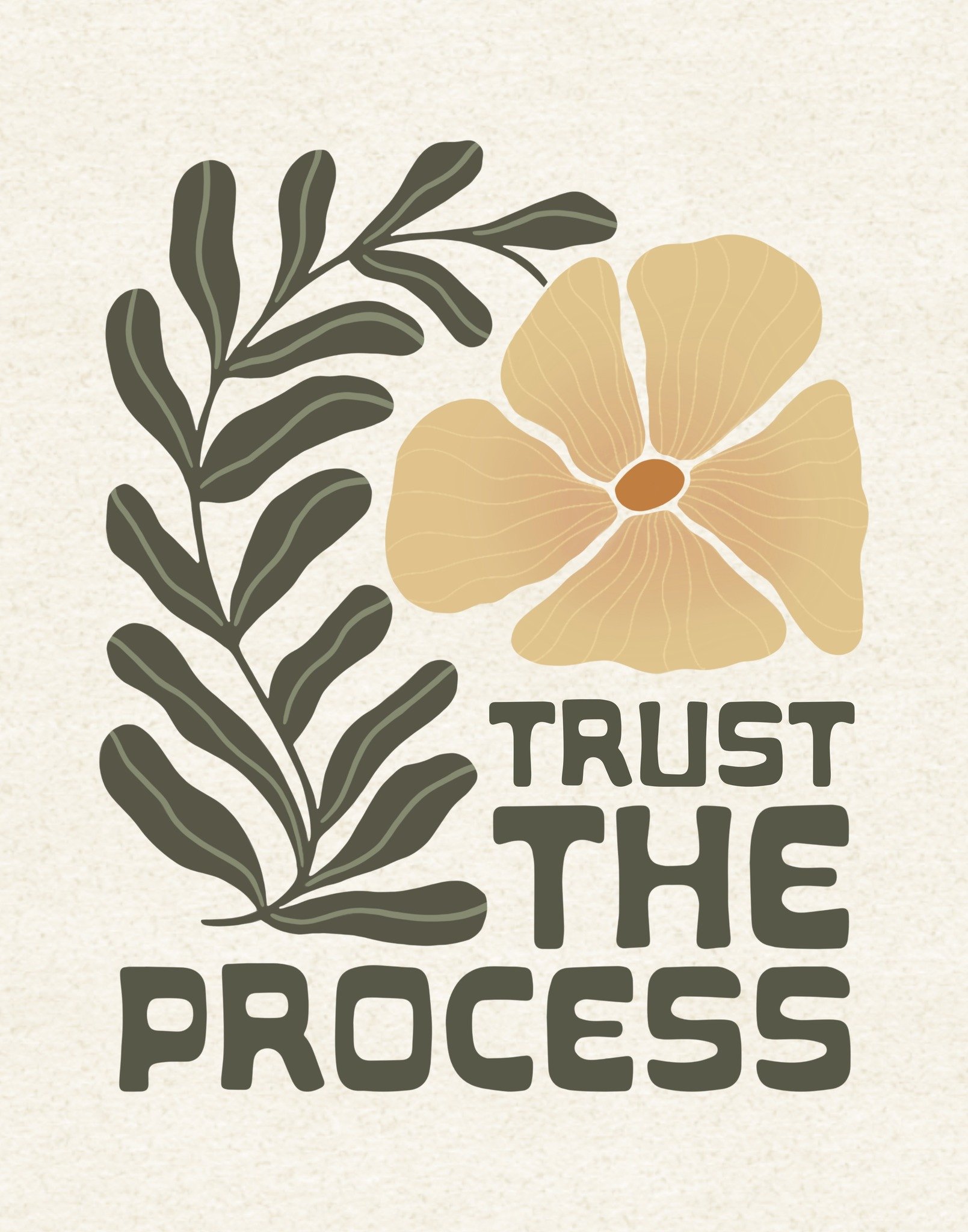 Immagine di foglie e fiore stilizzato con la scritta 'Trust the process' in caratteri grandi e neri.