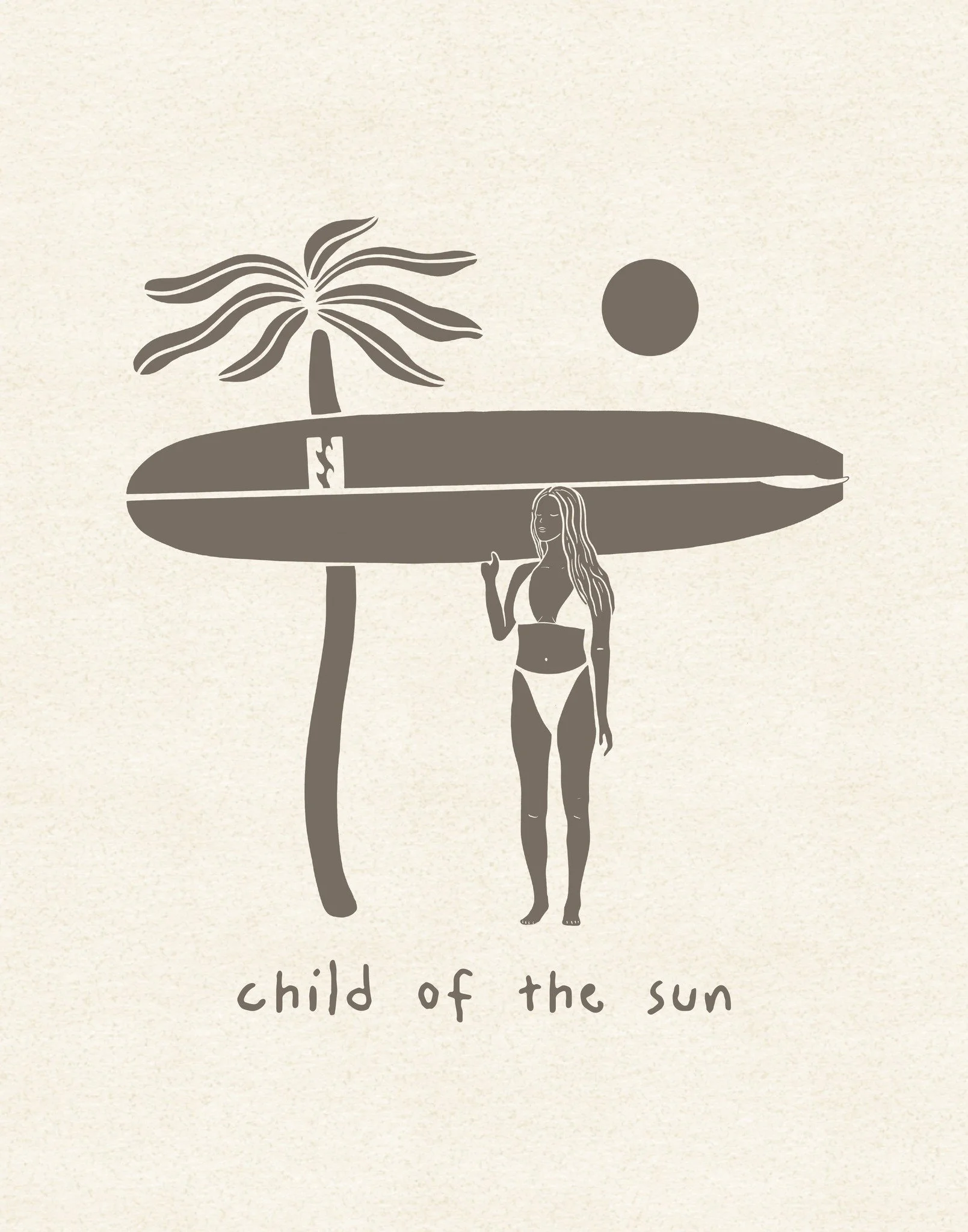 Illustrazione minimalista di una donna con pancia in gravidanza che tiene un ombrellone sopra di sé, con il sole e una palma sullo sfondo. Scritto 'child of the sun' in basso.