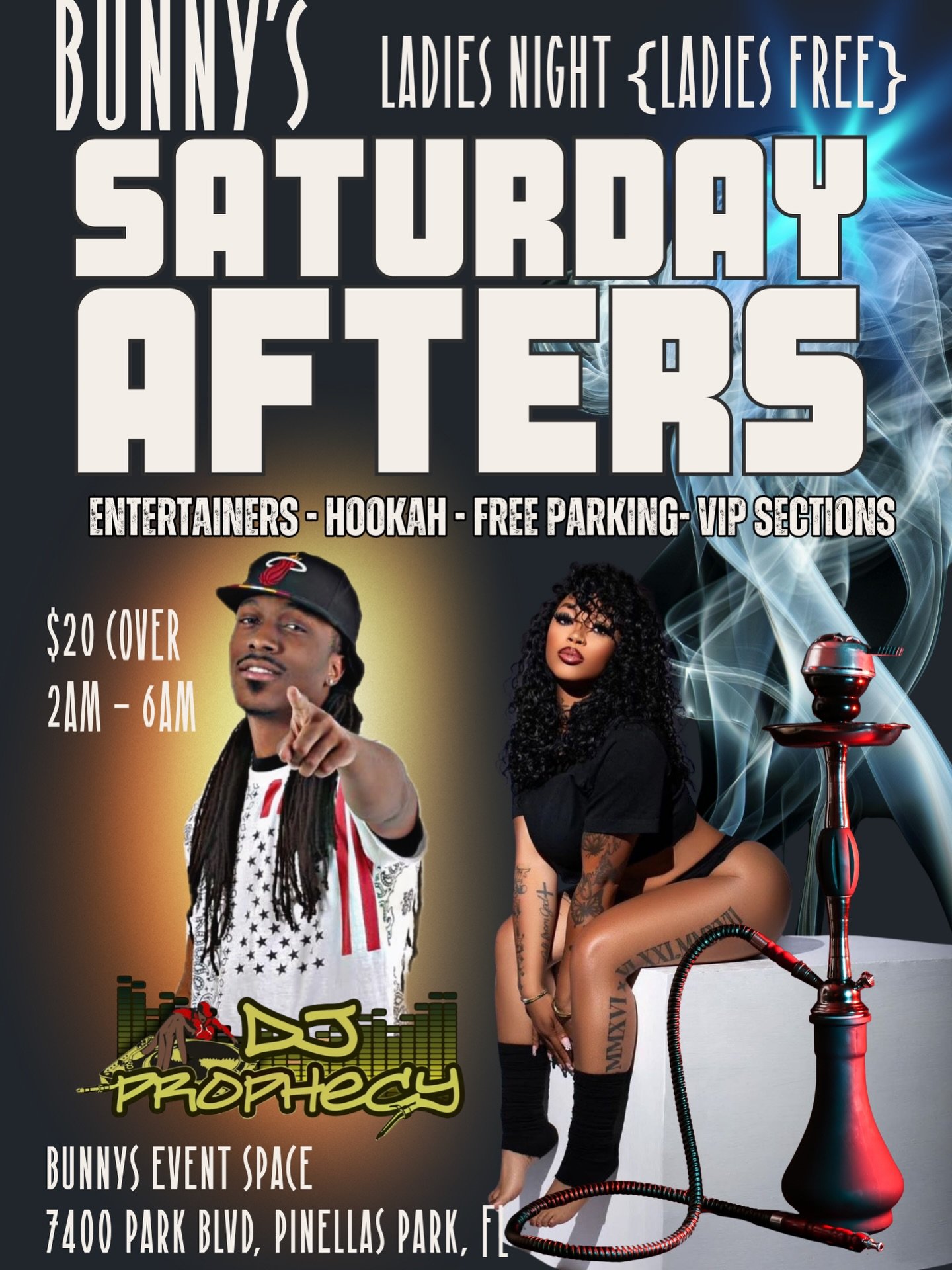 LADIES IN FREE TONIGHT 🌟
SAT NIGHT 🌙 ⏩ SUN MORNING ☀️ 
DJ @yungprophecy727 
Hosted by Kayla &amp; Lexi
⏰2am-6am 
🎟️ $20 Cover ( LADIES FREE )
Hookah. Entertainmers. Free Parking. 
📍 7400 Park Blvd. Pinellas Park, FL 
DM to book a VIP section 🌟 @