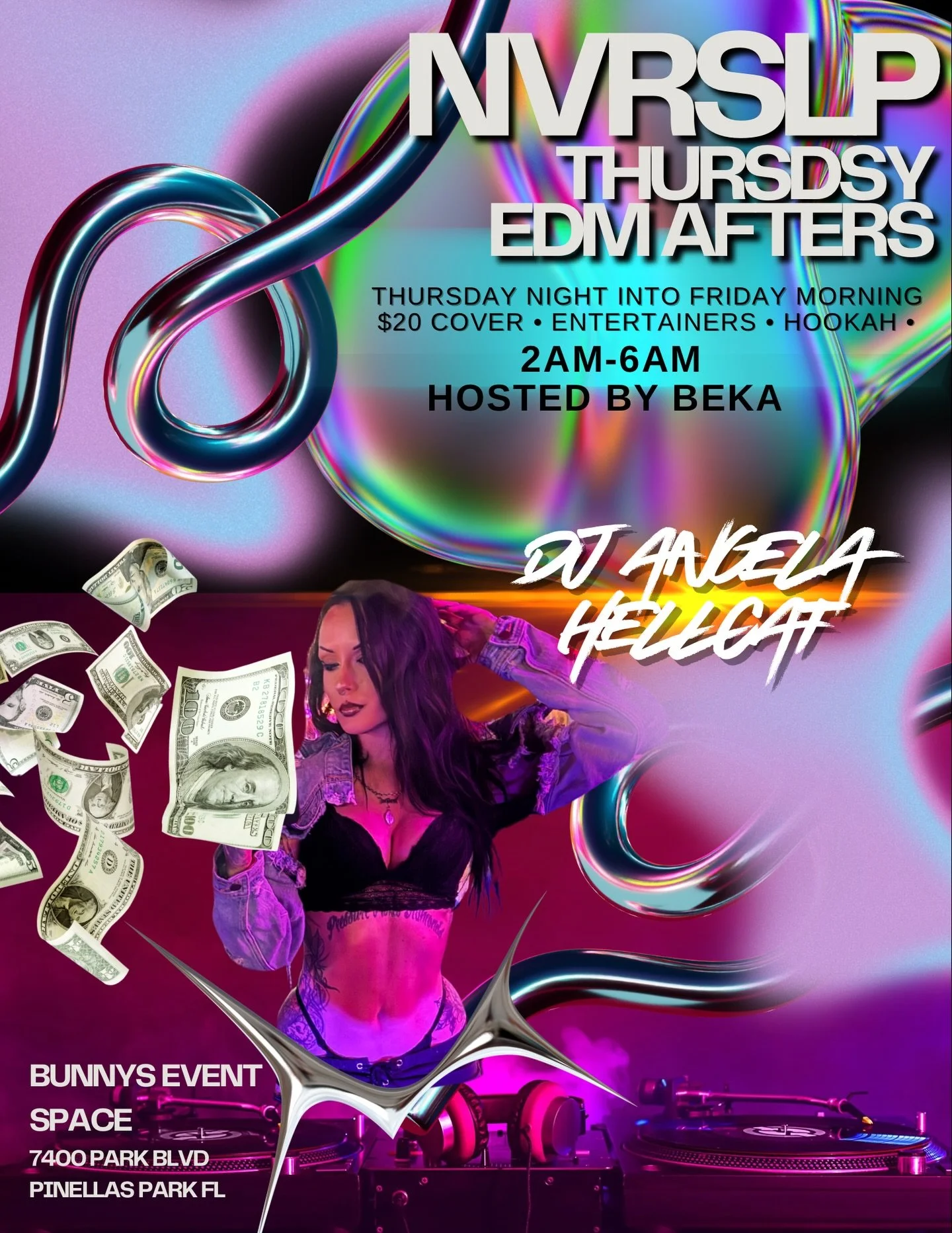 NVRSLP EDM THURSDAY AFTERS 
THURS NIGHT 🌙 ⏩ FRI MORNING ☀️ 
Live DJ mixing by @angelahellcat 
Hosted by @k_iris_s &amp; @hunchobosques 
⏰2am-6am 
🎟️ $20 Cover
Hookah. Entertainmers. Free Parking. 
📍 7400 Park Blvd. Pinellas Park, FL 
DM to book a 