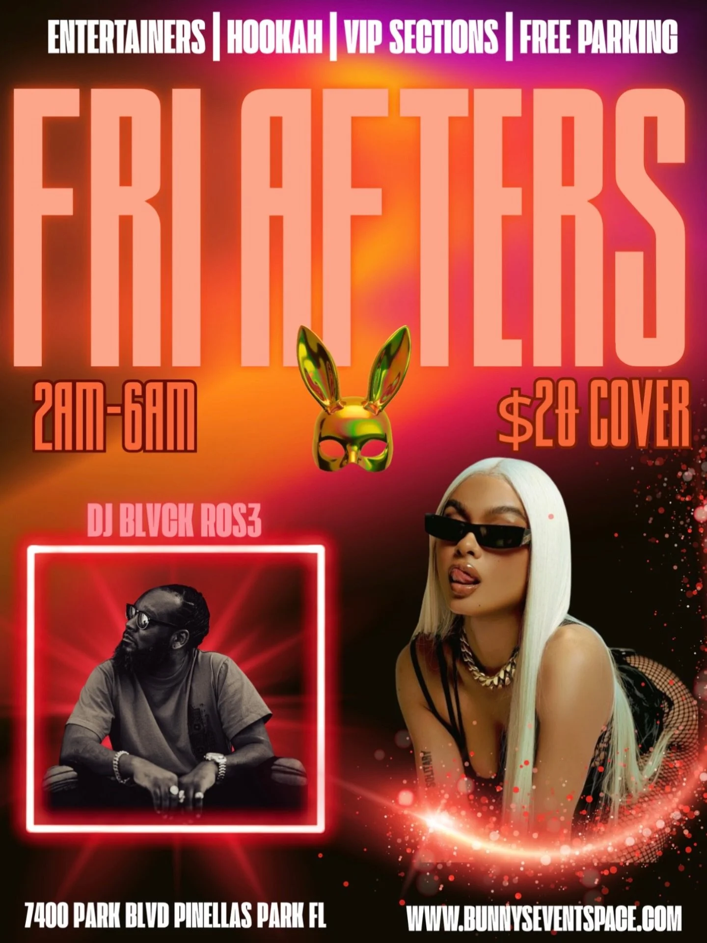 FRIDAY AFTERS W/ DJ BLVCK ROS3
FRI NIGHT 🌙 ⏩ SAT MORNING ☀️ 
Live DJ mixing by @darealsteele 
Hosted by KAYLA &amp; LEXI
⏰2am-6am 
🎟️ $20 Cover
Hookah. Entertainmers. Free Parking. 
📍 7400 Park Blvd. Pinellas Park, FL 
DM to book a VIP section 🌟 