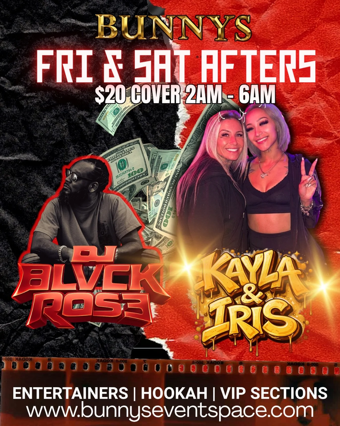 FRIDAY AFTERS 
FRI NIGHT 🌙 ⏩ SAT MORNING ☀️ 
DJ BLVCKROS3 @darealsteele 
Hosted by Kayla &amp; @k_iris_s 
⏰2am-6am 
🎟️ $20 Cover
Hookah. Entertainmers. Free Parking. 
📍 7400 Park Blvd. Pinellas Park, FL 
DM to book a VIP section 🌟