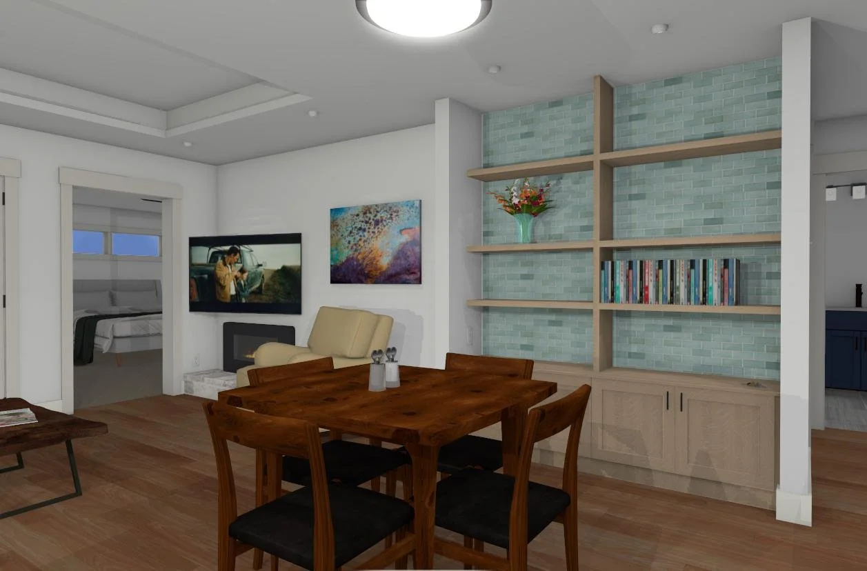 A dining room with a wooden table and four chairs, a built-in bookshelf with books and a vase with flowers, a wall-mounted TV, a beige armchair, and a doorway leading to a bedroom with a platform bed.