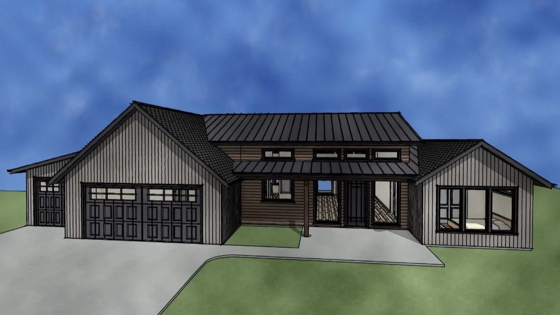 Architectural drawing of a modern house with a garage, gray and brown exterior, and large windows under a cloudy sky.
