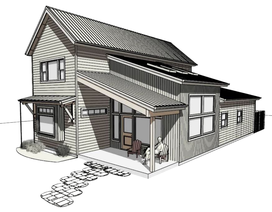 Architectural drawing of a modern two-story house with a front porch and a sloped roof, featuring large windows and exterior seating.