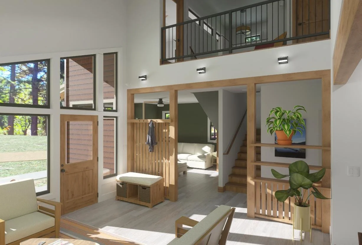 Interior of a modern living room with large windows, wooden accents, a staircase, a white sofa, potted plants, and contemporary decor.